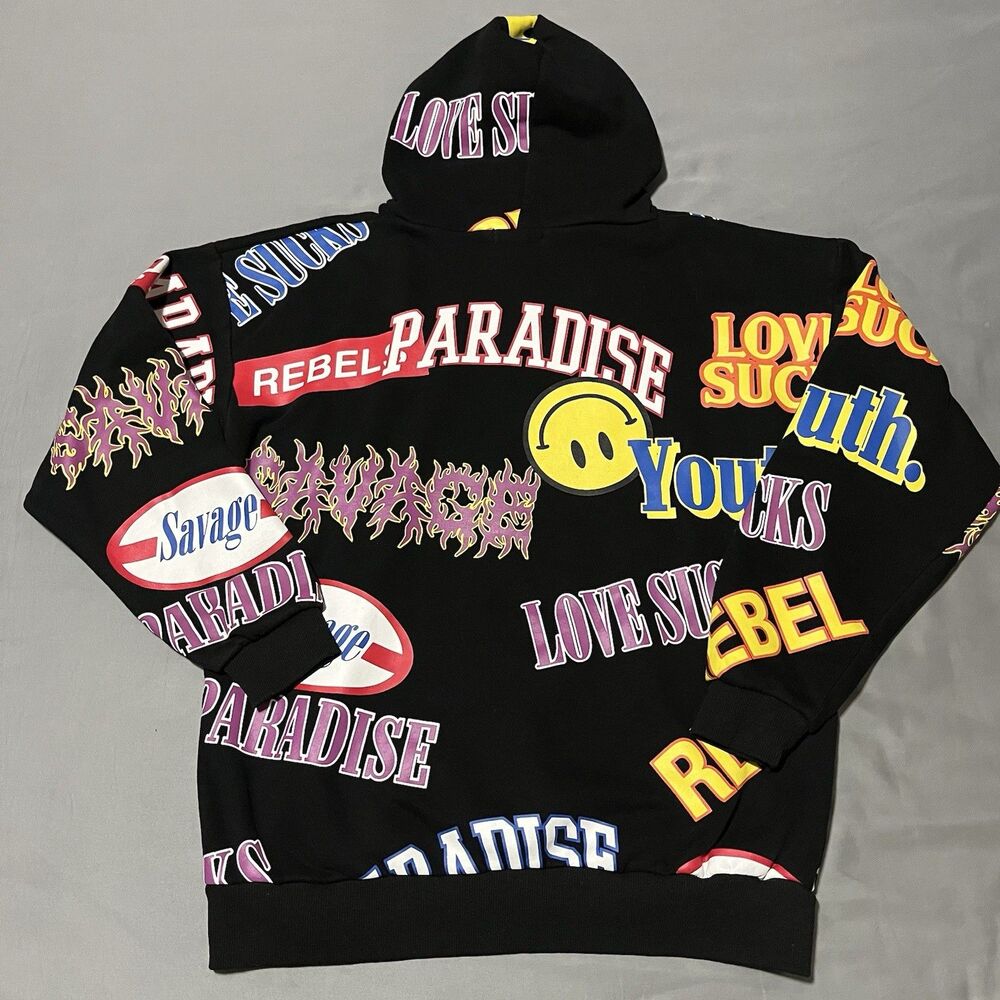 PacSun Sticker Slap Hoodie Men’s Large Black All-Over Print – Emoji & Skateboard